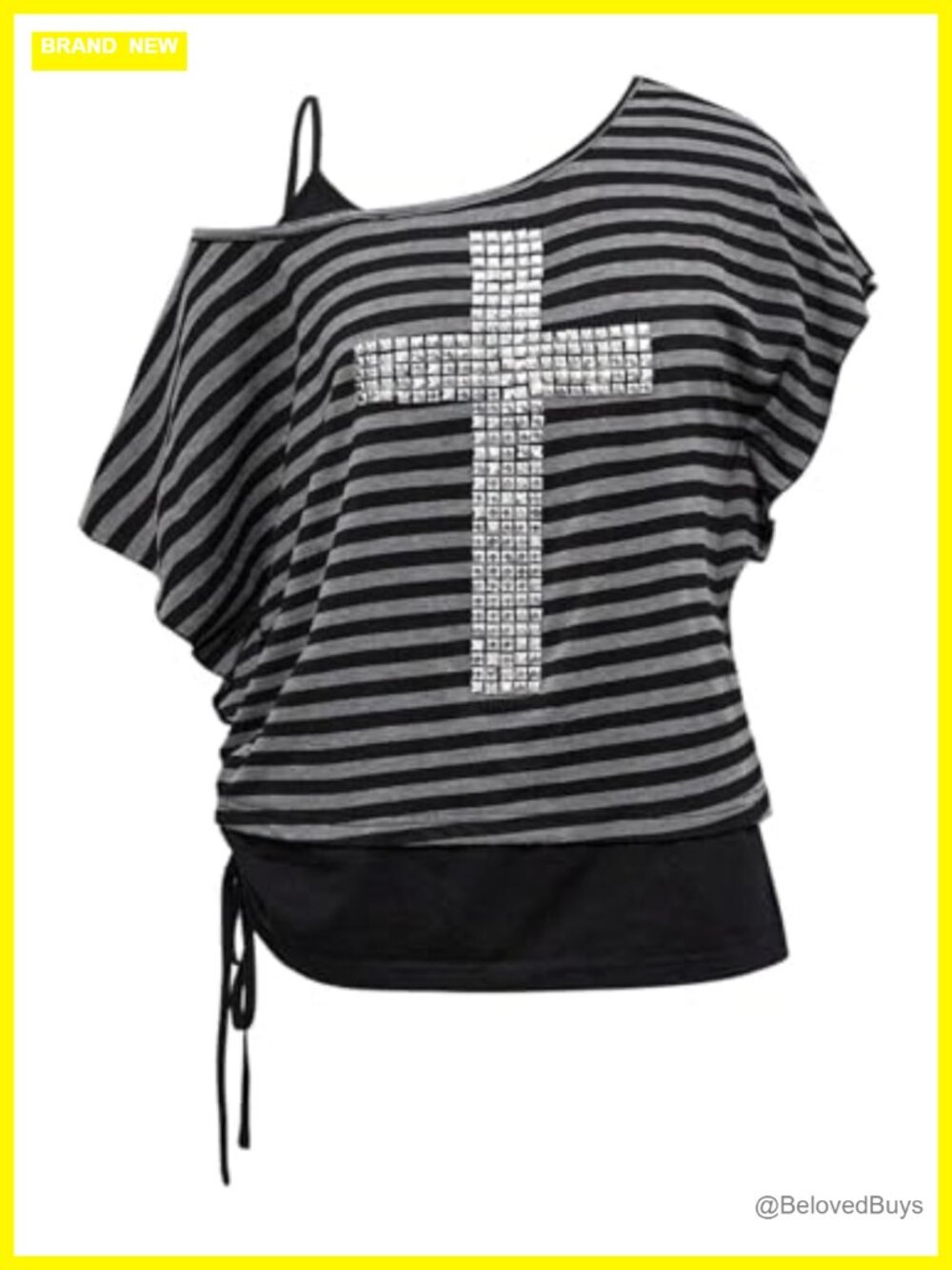 Women's Y2K Striped Emo Grunge Asymmetrical Neck Loose Fit Short Sleeve T-Shirt